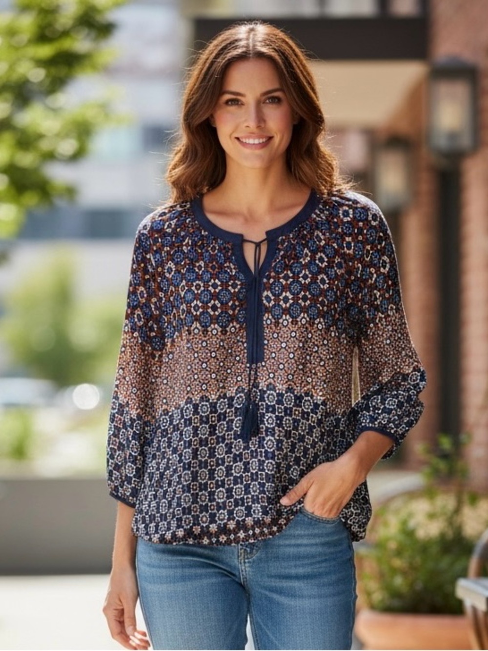 Valerie Stevens Navy Multi Printed Tie-Front Peasant Blouse
